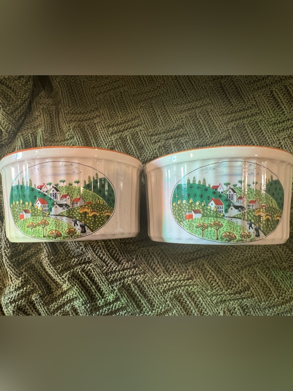 Vintage Newcor Stoneware Ramekins - Country Village Pattern (Set of 2)